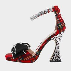 Handcrafted US sizing. Fits true to size. Heel Height: 4.72" / 120 mm approx Product measurements were taken using size 8. Please note that measurements may vary by size. Plaid Heels, Pencil Heels, Betsey Johnson Clothes, Bow Heels, Stylish Sandals, Embellished Sandals, Bow Shoes, Rhinestone Bow, 4 Inch Heels