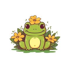 a frog with flowers on its head sitting in the grass