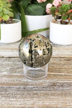 a glass ball sitting on top of a wooden table next to potted planters