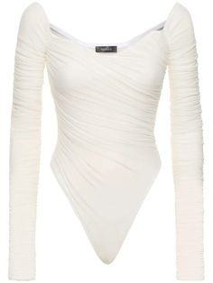 Draped long sleeve bodysuit - MUGLER - Women | Luisaviaroma White Fitted Long Sleeve Bodysuit, Elegant White Second-skin Bodysuit, Versace Brand, Closet Fashion, Flat Espadrilles, Heeled Loafers, Shearling Jacket, Long Sleeve Bodysuit, Swimwear Tops