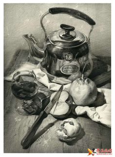 a black and white drawing of an old tea kettle with apples, onions, and other kitchen utensils