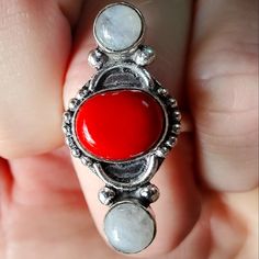 Brand New Handmade Red Coral And Rainbow Moonstone Silver Ring. 925 Stamped New To Poshmark? Use Referral Code Kimberlyn222 To Receive $10. Red Moonstone Gemstone Ring As Gift, Red Moonstone Gemstone Ring For A Gift, Red Moonstone Ring For Anniversary, Red Moonstone Anniversary Ring, Red Sterling Silver Ring With Natural Stones, Red Sterling Silver Rings With Natural Stones, Red Oval Jewelry With Natural Stones, Red Oval Moonstone Ring For Gift, Red Oval Natural Stone Jewelry