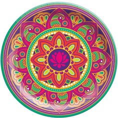 a colorful plate with an ornate design on it's side, in the shape of a flower