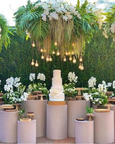 a wedding cake surrounded by potted plants and flowers