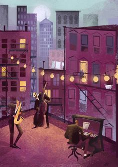 an illustration of people playing instruments in the city at night time with lights strung from above