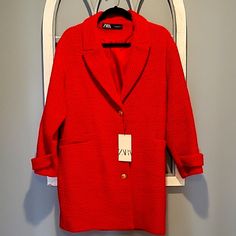 Nwt Zara Textured Tweed Coat. Rich Red Color With Gold Button. No Visible Sign Of Wears. Kept In Smoke And Pet Free Home. Red Tweed Outerwear With Long Sleeves, Red Tweed Long Sleeve Outerwear, Red Long Sleeve Tweed Outerwear, Zara Tweed Winter Outerwear, Zara Tweed Outerwear For Winter, Zara Tweed Long Sleeve Outerwear, Red Tweed Winter Workwear Jacket, Red Tweed Jacket For Work In Winter, Spring Tweed Outerwear With Double Button Closure