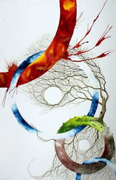 an abstract painting with trees and branches in the center, on a white background that appears to be made out of paper