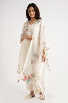 Shop for these amazing collections of Off White 100% Linen Embroidery Floral V Neck Corsage Kurta Pant Set For Women by Kaveri online at Aza Fashions. White Unstitched Suit For Spring Festivals, White Unstitched Suit For Spring Festive, White Unstitched Suit For Spring Festive Occasion, White Unstitched Suit For Spring Wedding, White Unstitched Wedding Suit For Spring, Elegant White Unstitched Suit For Spring, Spring Festive White Unstitched Suit, Spring White Cotton Silk Dupatta, Elegant White Traditional Wear For Spring