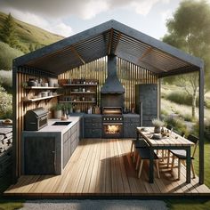 an outdoor kitchen with wood flooring and a stove