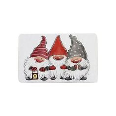 three gnomes are standing next to each other in front of a white background with red and