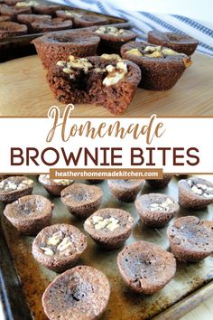 chocolate cupcakes with walnuts on top and the words homemade brownie bites above them