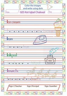 handwriting worksheet for kids with pictures and words on it, including an ice cream cone