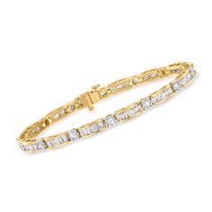 Ross-Simons - 3.45ct t. w. Baguette, Round Diamond Bracelet Over Sterling. 8". Our stunning bracelet features 3.45 ct. t. w. baguette and round brilliant-cut diamonds in white rhodium that exude the most elegant sparkle possible. Shining in 18kt yellow gold over sterling silver. Single-latch safety. Push-button clasp, diamond bracelet. Diamond birthstones are the perfect gift for April birthdays. Round Diamond Bracelet, April Birthday, Bracelet Diamond, Diamond Birthstone, Fine Jewelery, Fine Jewelry Bracelets, Diamond Bracelets, Baguette Diamond, Round Brilliant Cut Diamond