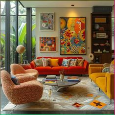 a living room filled with lots of colorful furniture