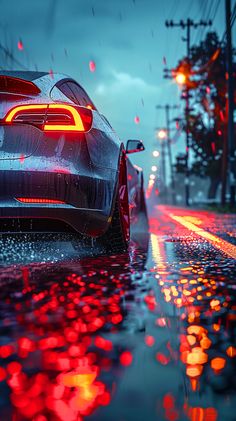 a car is driving down the street in the rain at night with its lights on