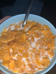 a bowl filled with cereal and milk being held by a person's hand holding a spoon