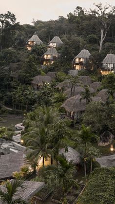 the resort is surrounded by lush green trees and thatched roof houses with lights on them