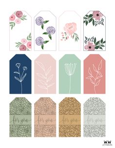 six tags with flowers and leaves on them