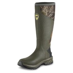 a pair of green boots with camouflage print on the side and black outstep