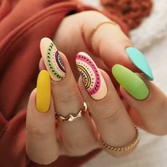 Multicolor Nails Spring 2024: Ideas for Short, Pastel, Acrylic, and More Pinata Nails, Navratri Nail Art, Boho Summer Nails, Boho Nail Art, Sketched Art, Bohemian Nails, Nails Abstract, Nail Shapes Square, Nails Healthy