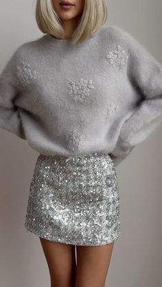 Silver Skirt Outfits, Silver Skirt, Cold Weather Outfits, White Sweaters, Skirt Outfits, Grey Sweater, Women Collection, Pullover Sweaters, What To Wear