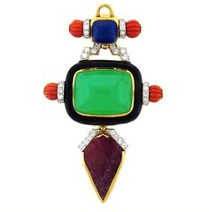 David Webb Chrysoprase Coral Lapis Lazuli Ruby Diamond Pendant Pin Ruby Diamond Pendant, Diamond Necklace Simple, Coral Art, David Webb, Simple Diamonds, Antique Brooches, Jennifer Garner, Deco Jewelry, Elizabeth Taylor