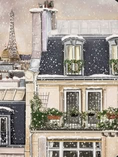 a painting of an apartment building in the snow