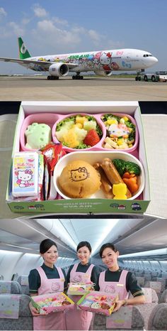 two women in pink aprons holding trays with food on them and an airplane