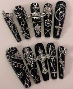 Chain Acrylic Nails, Goth Nail Inspo Coffin, Long Goth Acrylic Nails, Pierced Acrylic Nails, Junk Goth Nails, Gothic Baddie Nails, Gothic Long Nails, Goth Bling Nails, Black Chain Nails