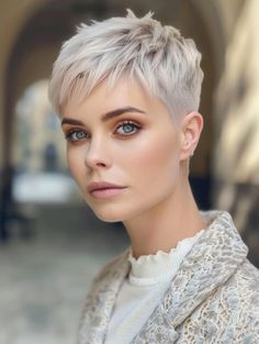 Pixie Bangs Short, Short Pixie Fine Hair, Undercut Hairstyles Women Short Pixie Hair, Short Platinum Blonde Hair Pixie, Crop Hairstyles For Women, Super Short Pixie Round Face, Spiky Pixie Haircut Spikes 2024, 2024 Pixie Trends, Undercut Pixie Edgy Over 50