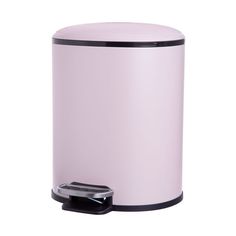 a pink trash can with a black lid and an electronic device next to it on a white background