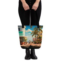 Stay stylish and organized on the go with our spacious tote bag, now with FREE SHIPPING to the US, Canada, EU, and UK! The artwork Experience the magic of Miami Beach in this stunning artwork that showcases the art deco style and the vibrant culture of the city. From the palm trees to the classic cars, this piece transports you to a sunny paradise where anything is possible. The tote bag This tote bag is both trendy and practical and is perfect for carrying all your essentials with style and com Artistic Tote Shoulder Bag For Travel, Artistic Rectangular Shopping Bag, Artistic Rectangular Shopping Bags, Rectangular Bags With Artwork For Daily Use, Artistic Large Capacity Shoulder Bag For Travel, Artistic Rectangular Shoulder Bag For Travel, Artistic Rectangular Shoulder Bag With Artwork, Artistic Shoulder Bag For Travel, Stile Art