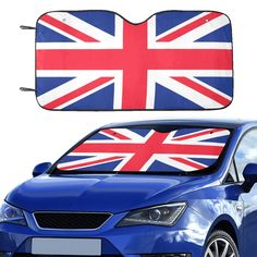 a blue car with the british flag on it's front and back windshield cover