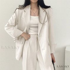 Lasaky - Loose-Fit White Blazer Style Outerwear Top Blazer Suit Women, Khaki Blazer, Khaki Tops, Blazer Casual, Beige Suits, Pink Suit, Woman Suit Fashion, Blazer Set, Pantalon Large