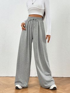 Drawstring Waist Wide Leg Joggers Grey    Fabric Plain Wide Leg Non-Stretch  Women Clothing, size features are:Bust: ,Length: ,Sleeve Length: Pants Trend 2024, Baggy Joggers Outfit Women, Wide Leg Track Pants Outfit, Wide Leg Sweat Pants, Sweats Pants, Winter Bottoms, Joggers Women, Wide Leg Joggers, Loose Wide Leg Pants