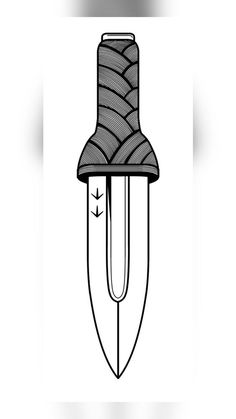 a black and white drawing of a knife with a knot on it's end