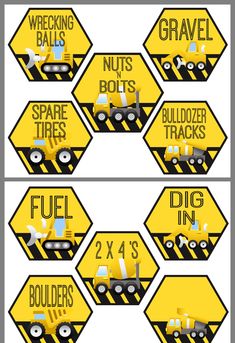 construction signs are shown in yellow and black, with the words work on each sign