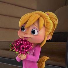 a cartoon character holding a bunch of flowers