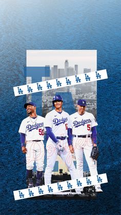 three baseball players are standing in front of a cityscape with the dodgers on it