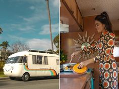 a woman standing in front of a white van next to an old vw bus