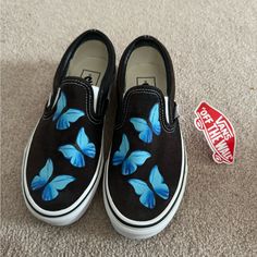 Hand Painted, New, Unworn Canvas Shoe Painting, Black Slip On Vans, Shoe Painting, Fire Shoes, Hand Painted Butterfly, Vans Slip On Shoes, Vintage Loafers, Slide On Sneakers, Painted Canvas Shoes