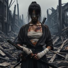 a woman holding two swords standing in front of destroyed buildings and debris with her face torn off