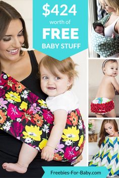 a woman holding a baby in her arms and the words free baby stuff on it