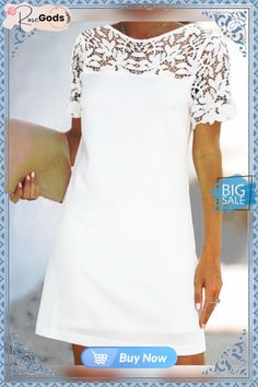 Eyelet Solid Crew Neck Holiday Dress Short Sleeve Mini Dress With Lace Sleeves For Brunch, Summer Mini Dress With Lace Short Sleeves, Summer Mini Dress With Lace Sleeves For Brunch, Summer Brunch Mini Dress With Lace Sleeves, Casual Elegant Dresses, Casual Dress Women, Short Sleeve Turtleneck, Elegant Casual Dress, Round Neck Casual Dress