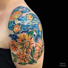 a woman's shoulder with sunflowers and the starry night tattoo on it