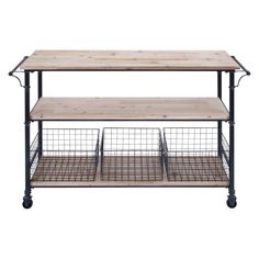 three tiered shelf with wire baskets on the bottom and two shelves below it,