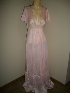 Vintage 70s pale pale peachy pink long nightgown by Dutchess, Lord and Taylors,  adorable Size Small Length-53-54 inches,  shoulder to bottom shoulder to shoulder across  14 inches really good  condition Made in USA Pink Maxi Dress For Wedding Night, Vintage Pink V-neck Nightgown, Pink V-neck Nightgown For Home, 70s Nightgown, Long Nightgown, Night Gowns, Women's Nightgowns, Nightgowns, Peachy Pink