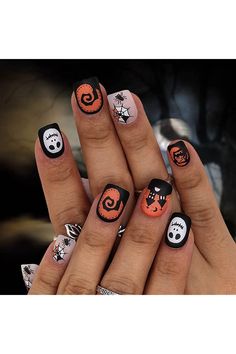 Nails Short Black, Nails Spider, Hawaiian Nails, Orange Acrylic Nails, Holloween Nails, Cartoon Nails, Square Press On Nails, Nails Orange, Mens Nails