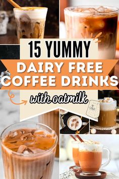 collage of coffees with oat milk and text yummy dairy free coffee drinks. Oatmilk Drinks, Dairy Free Drinks, Drinks With Coffee, Dairy Free Starbucks Drinks, Free Starbucks Drinks, Dairy Free Starbucks, Oat Milk Coffee, Espresso Drink Recipes