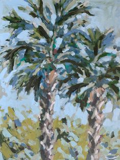 a painting of two palm trees on a blue background